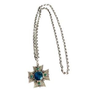 Vintage Maltese Cross Necklace Silver Tone Teal Green Stones Pendant Long 30”